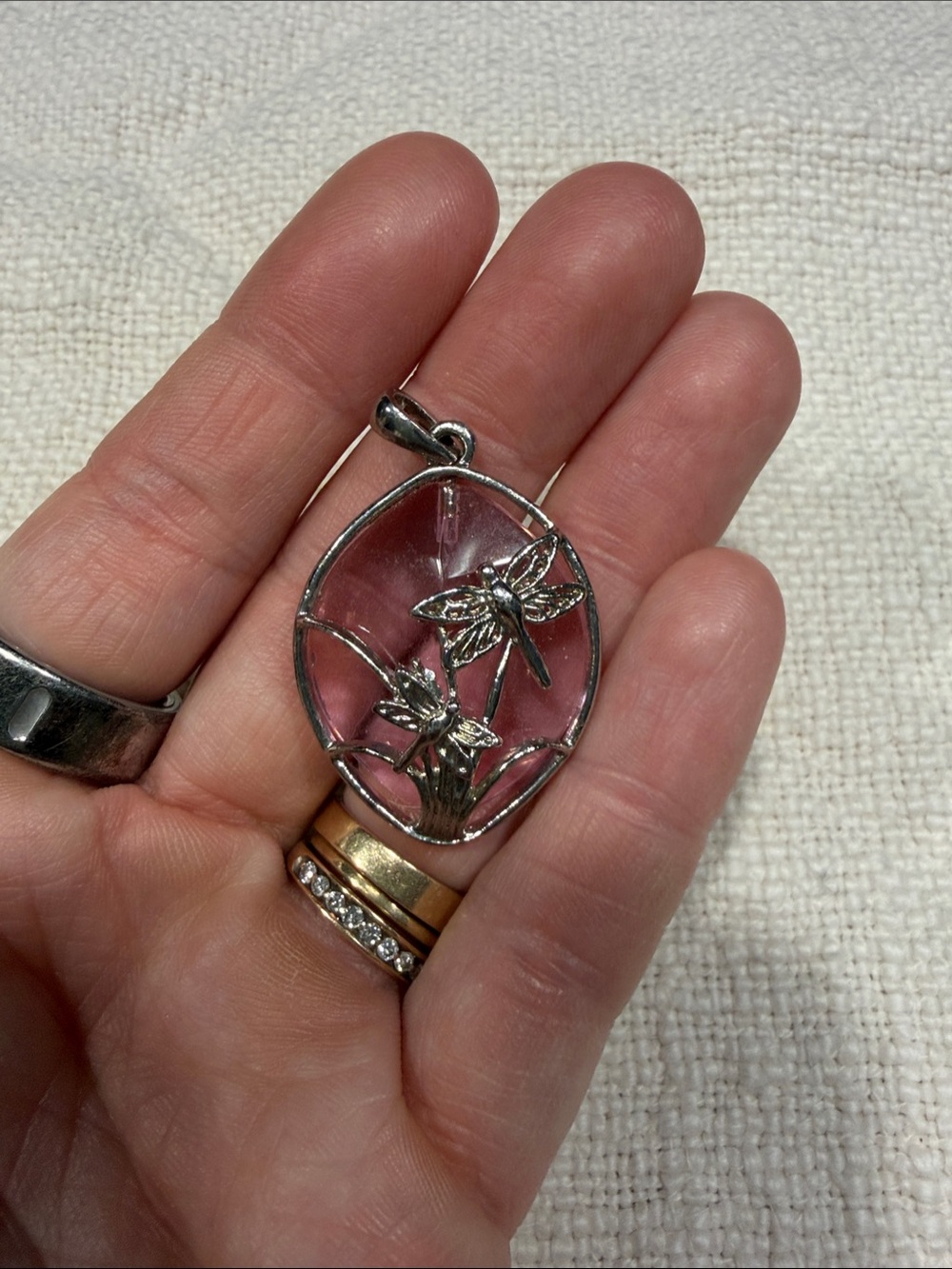 Silver Dragonfly Floral Pendant with Pink Glass Accent